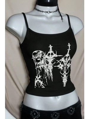 Siyah Anime Sword Gotik Y2K Askılı Crop