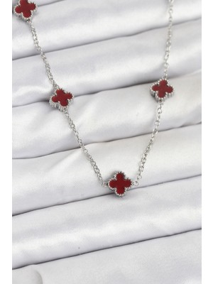 Zenvia 316L Çelik Zincir Gümüş Renk Bordo Baby Boy Yonca Kadın Kolye - TJ-BKO10577