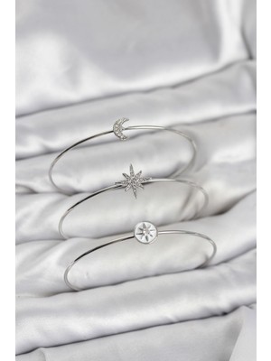 Zenvia Gümüş Renk Zirkon Taşlı Kutup Yıldızı Model 3'lü Kadın Bileklik Kombini - TJ-BB8354