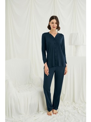 Giyim Uzun Kollu Boydan Düğmeli V Yaka Pijama Takımı Beruflic