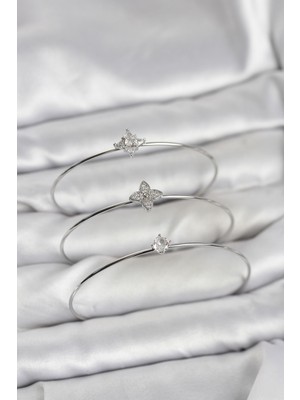 Zenvia Zirkon Taşlı Gümüş Renk Yonca Model 3'lü Kadın Bileklik Kombini - TJ-BB8348