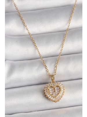 Zenvia 316L Çelik Gold Renk Zincir Zirkon Taşlı Kalp Model Kadın Kolye - TJ-BKO9786