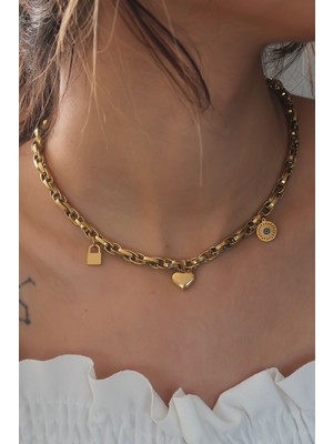 Zenvia Çelik Gold Renk Kalın Zincir Model Kalp Figür Kadın Kolye - TJ-BKO6898