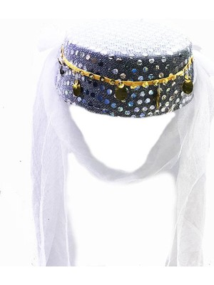 Zenvia Beyaz Duvaklı Altın Pul Işlemeli Kına Fesi Kına Şapkası Oryantal Şapkası