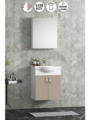 Özceden Yıldız 50 cm Beyaz-Selenit Mdf Seramik Lavabolu Asma Banyo Dolabı Takımı