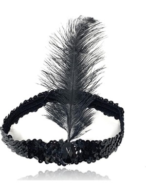 Zenvia Siyah Renk Çarliston Başlık 90 Lı Yıllar 80 Li Yıllar Tüylü Saç Bandı