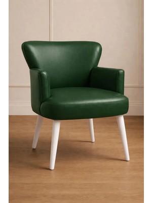 Waterybrook Tekli Berjer Koltuk - Suni Deri - Beyaz Ahşap Ayaklı - Modern Retro Tasarım - Ofis ve Salon Koltuğu