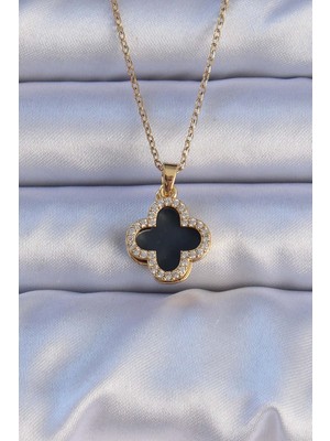 Zenvia 316L Çelik Gold Renk Siyah Mineli Zirkon Taşlı Yonca Figürlü Kolye - TJ-BKO9198
