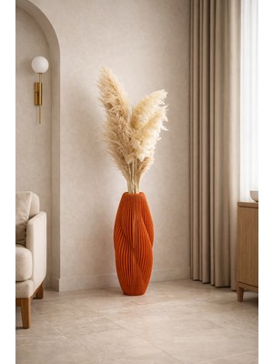 Modern Dalga Form Turuncu Dekoratif Vazo 85 cm – Kuru Çiçek Vazosu - Büyük Boy Tasarım Yer Vazosu – Salon ve Ofis Dekoru