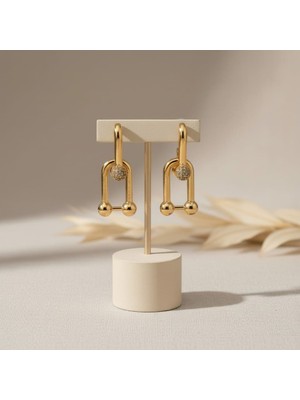 Allivo Altın Renk Taş Detaylı Geometrik Sallantılı Çelik Küpe