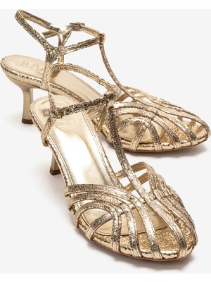 Luvi Felip Altın Desenli Bantlı Kadın Kısa Topuklu Ayakkabı