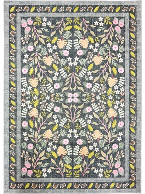 Kilim Home Dark Flora Bohem Çiçek Desenli Yıkanabilir Pamuk Taban Modern Halı 453