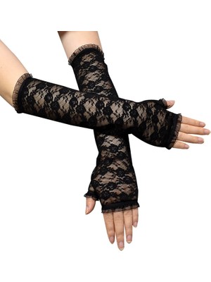 Zenvia Uzun Zarif Dantel Eldiven Parmaksız Siyah 35 cm