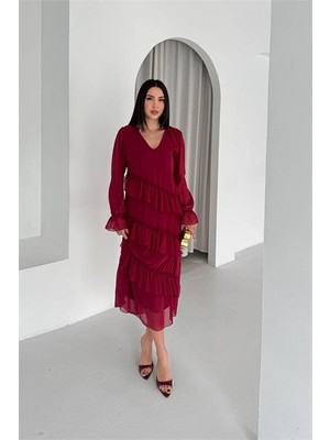 Neşeli Butik Kadın Bordo V Yaka Kat Kat Fırfır Detaylı Midi Boy Şifon Elbise NBK079
