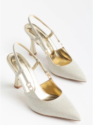 Dilimler Ayakkabı Büyük Beden Kadın Ince Topuklu Abiye Ayakkabı Gold Sim Yan Açık