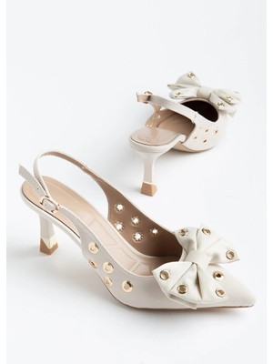 Dilimler Ayakkabı Kadın Ince Topuklu Stiletto Bej Saten Fiyonklu