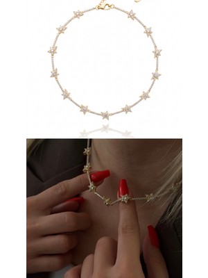 Çoklu Yıldız Taşlı Gold Vip Kolye