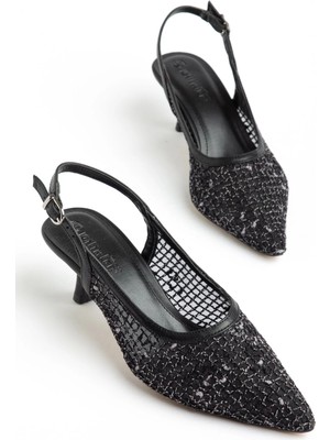 Dilimler Ayakkabı Kadın Kısa Topuklu Ayakkabı Siyah File Üzeri Hasır Detaylı