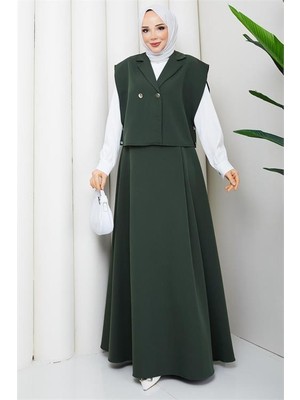 Neşeli Butik Kadın Yeşil Düğme Detaylı Yelek Bluz Etek Üçlü Tesettür Takım NBFT007