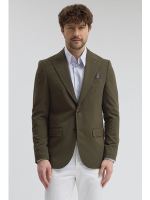 Frappoli Pique Erkek Yeşil Sivri Yaka Esnek Poliviskon Kumaşlı Slim Fit Spor Blazer Ceket
