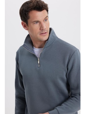 Tudors Unisex Relax Fit Rahat Kesim Pamuklu Içi Polarlı Yarım Fermuarlı Gri Dik Yaka Sweatshirt