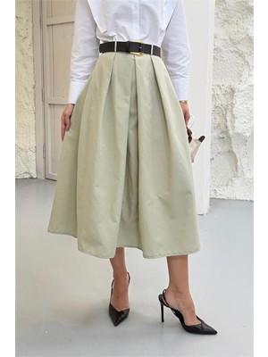 Neşeli Butik Kadın Bej Pileli Kemer Detaylı A Kesim Midi Boy Etek NBG127