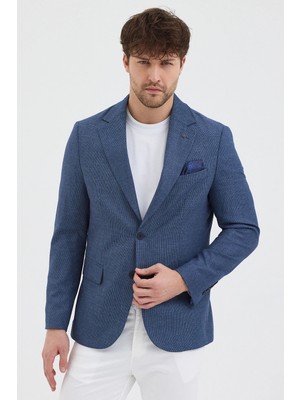 Frappoli Pladis Erkek Açık Lacivert Poliviskon Kumaşlı Slimfit Kendinden Mendilli Mono Yaka Spor Blazer Ceket