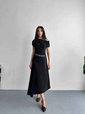 Cemo Kadın Omzu Açık Drapeli Midi Elbise