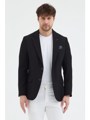 Frappoli Sorex Erkek Siyah Poliviskon Kumaşlı Slim Fit Kendinden Mendilli Mono Yaka Spor Blazer Ceket