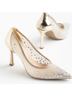 Dilimler Ayakkabı Kadın Ince Topuklu Abiye Ayakkabı Gold File Üzeri Taş Döşemeli