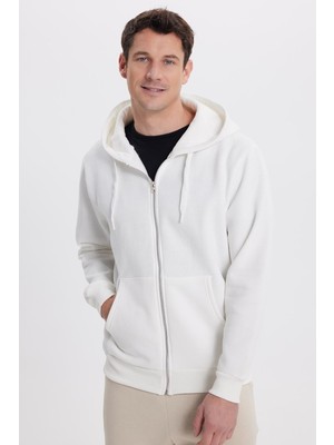 Tudors Unisex Relax Fit Rahat Kesim Pamuklu İçi Polarlı Çift Cepli Tam Fermuarlı Beyaz Kapüşonlu Sweatshirt