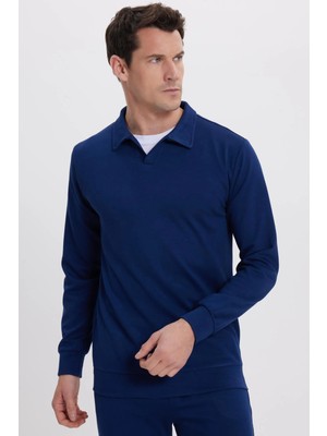 Tudors Erkek Relax Fit Rahat Kesim Polo V Yaka Açık Lacivert Sweatshirt