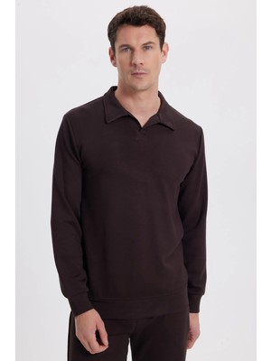 Tudors Erkek Relax Fit Rahat Kesim Polo V Yaka Kahverengi Sweatshirt