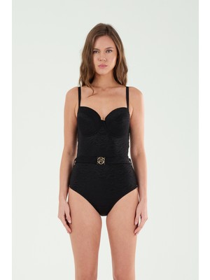 Louren Kadın Siyah Desenli Kemer Detaylı Telli Sabit Kaplı Mayo