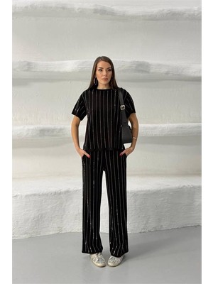 Neşeli Butik Kadın Siyah Taş Şerit Detaylı Kısa Kol Basic Ikili Takım NBG129