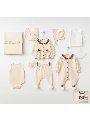 HaanBebe Vintage Tasarım Nakışlı Kız Bebek Hastane Çıkışı - 10’lu Set Fırfır Yakalı Bej
