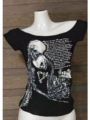 Siyah Skulls Letter Love Body Cyber Grunge Madonna Yaka Y2K Kısa Kollu Crop