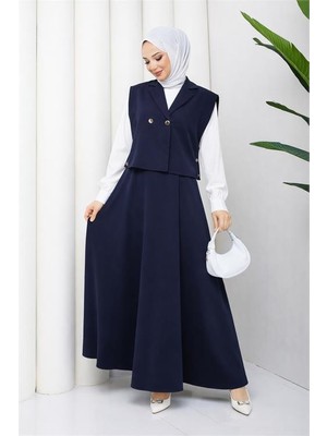 Neşeli Butik Kadın Lacivert Düğme Detaylı Yelek Bluz Etek Üçlü Tesettür Takım NBFT007