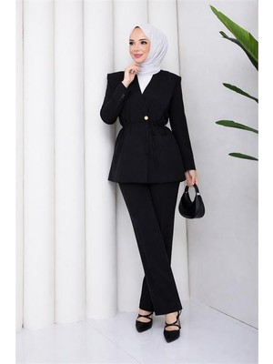 Neşeli Butik Kadın Siyah Büyük Beden Vatkalı Gold Düğme Detaylı Blazer Ceket Takımı NBFT008