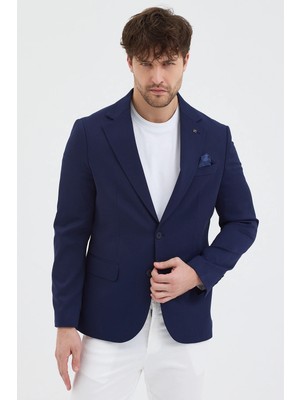 Frappoli Luciano Erkek Açık Lacivert Poliviskon Kumaşlı Slimfit Kendinden Mendilli Monoyaka Spor Blazer Ceket