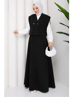 Neşeli Butik Kadın Siyah Düğme Detaylı Yelek Bluz Etek Üçlü Tesettür Takım NBFT007