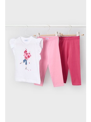 Mayoral Kız Çocuk Kalp Baskılı 3'lü Tayt ve T-Shirt Takımı - Pembe