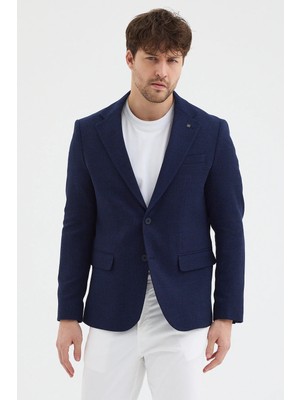 Frappoli Celux Erkek Indigo Poliviskon Kumaşlı Slim Fit Kendinden Mendilli Mono Yaka Spor Blazer Ceket