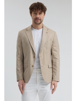 Frappoli Victor Erkek Vizon Pamuk Karışımlı Yarım Astarlı Kapak Cepli Mono Yaka Spor Blazer Ceket