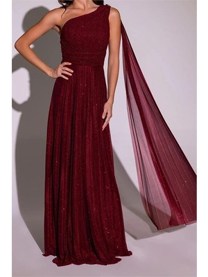 Neşeli Butik Kadın Bordo Tek Omuz Pilise Detaylı Simli Tül Kumaş Abiye Elbise NBSWLL16