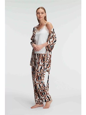 Beruflic Giyim Dokuma Viskon Geometrik Baskılı Sabahlık Mikro Kumaş Dantelli Atlet ve Yandan Cepli Pantol