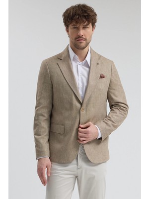Frappoli Victor Erkek Vizon Pamuk Karışımlı Yarım Astarlı Kapak Cepli Mono Yaka Spor Blazer Ceket