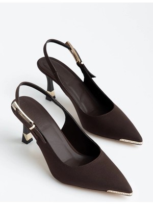 Dilimler Ayakkabı Kadın Ince Topuklu Stiletto Kahverengi Saten Burun Taşlı Aksesuarlı