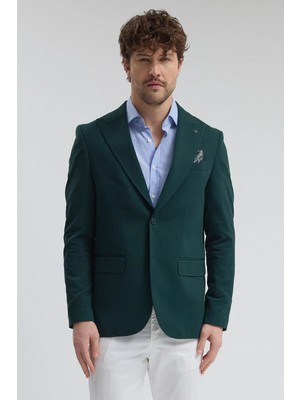 Frappoli Pique Erkek Yeşil Sivri Yaka Esnek Poliviskon Kumaşlı Slim Fit Spor Blazer Ceket