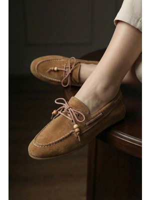 ZOE3tr Kadın Taba Süet Görünümlü Bağcıklı Günlük Düz Loafer Ayakkabı